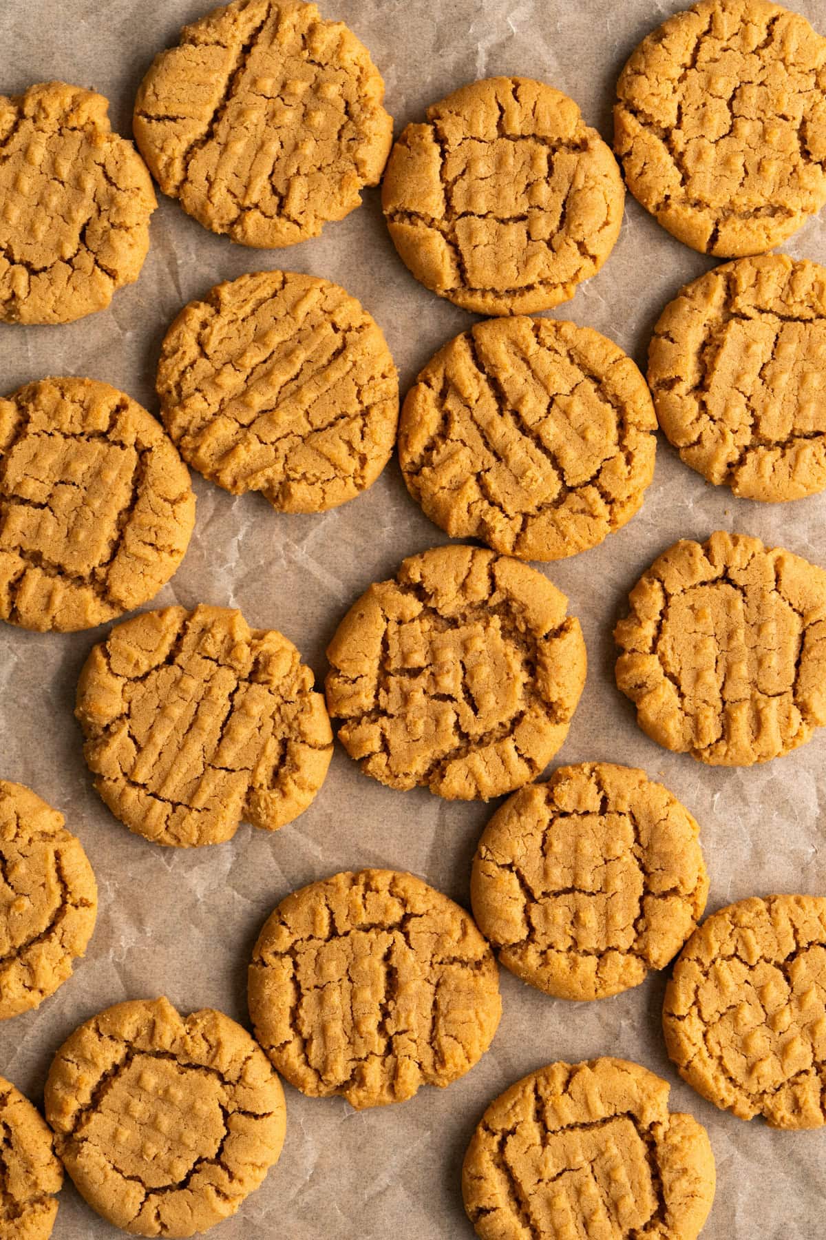 Peanut butter cookies on crinkled parchment paper.