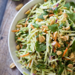 Asian Broccoli Slaw served in a white bowl.