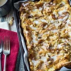 A freshly baked pan of hot buttered rum bread pudding.