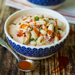 A bowl filled with buffalo chicken soup Crock Pot.