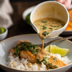 Coconut curry sauce being poured over rice and salmon.