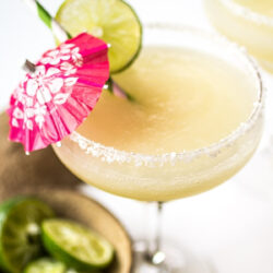 A glass with a frozen Coconut Margarita.