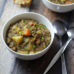 A bowl with German lentil soup.