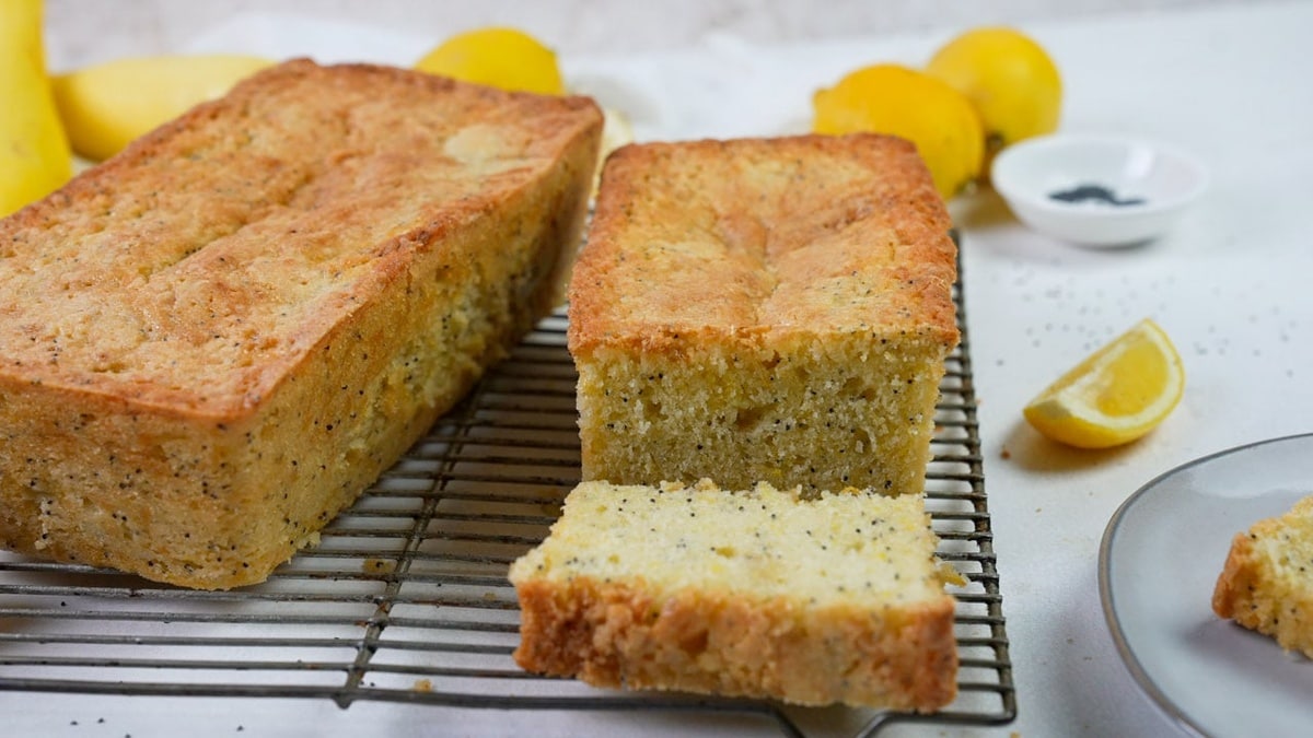 Lemon poppy seed bread loaves on a wire rack.