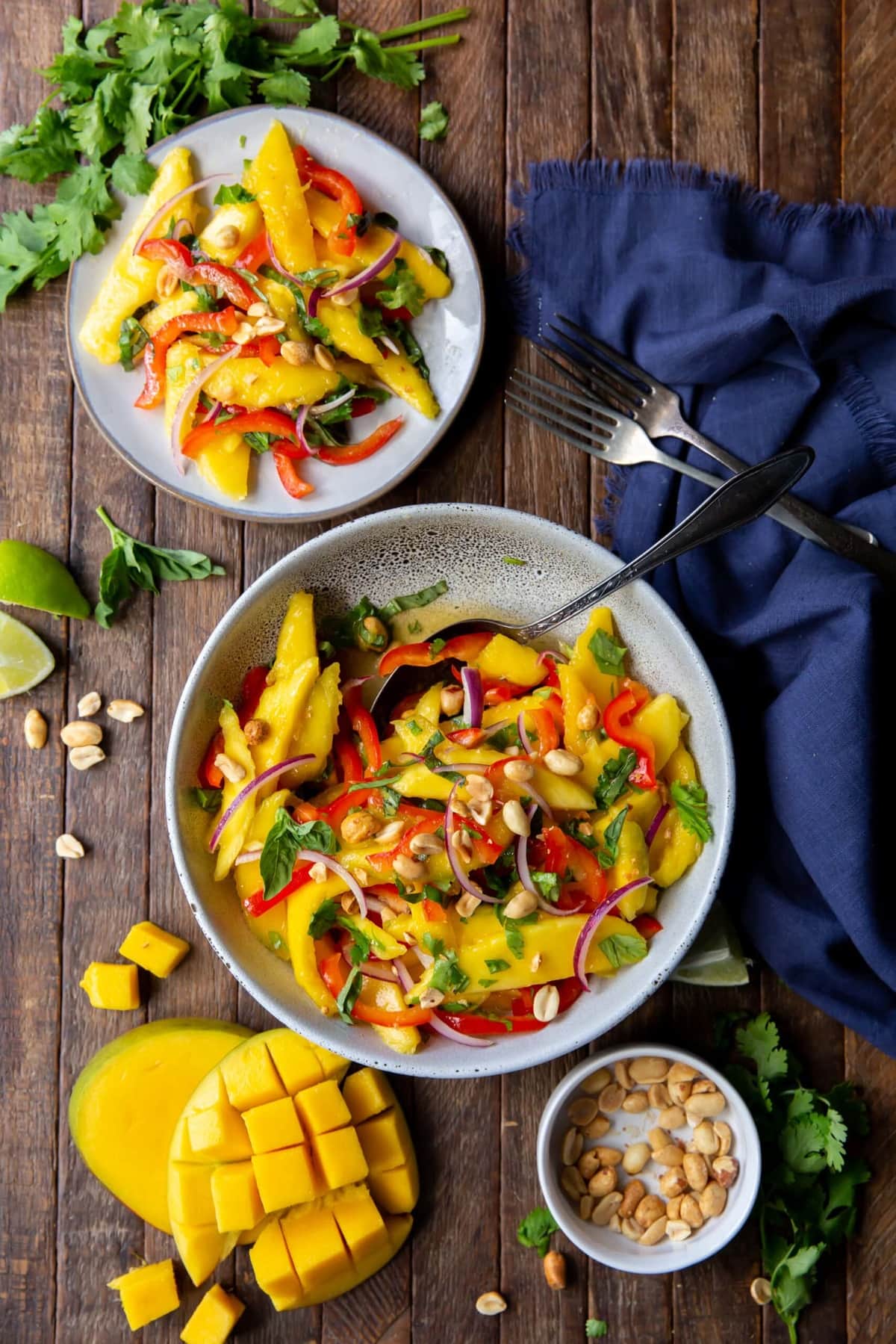 Two servings of mango salad on a table.