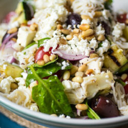 Mediterranean pasta salad in a bowl.