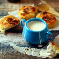 A pot filled with creamy fondue.