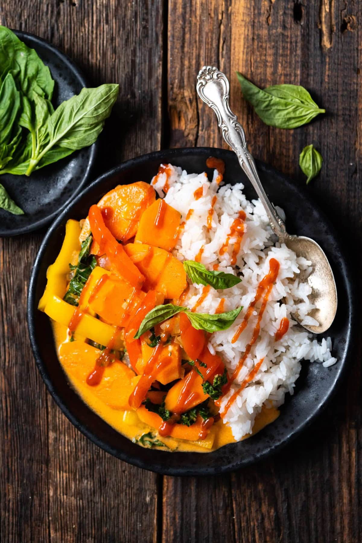 Thai red curry on a plate, garnished with cilantro.