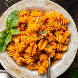 Vegan vodka pasta served in a bowl.